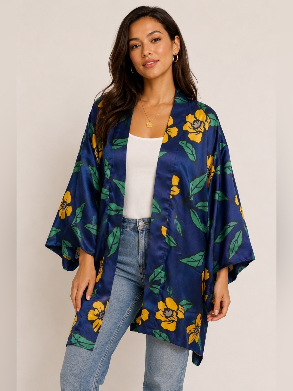 Forever 21 Cardigan Kimono Satin-like Lined Open Front Navy/Mustard Floral Sz: M